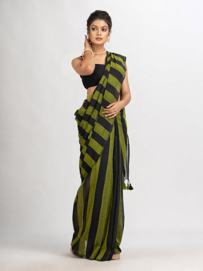 Women's Lemon And Black Stipe Handwoven Cotton handloom Saree