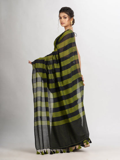 Women's Lemon And Black Stipe Handwoven Cotton handloom Saree