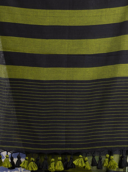 Women's Lemon And Black Stipe Handwoven Cotton handloom Saree