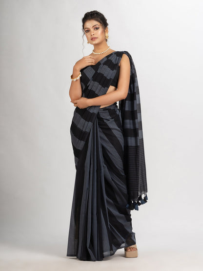 Women's Lemon And Black Stipe Handwoven Cotton handloom Saree