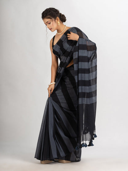Women's Gray And Black Stipe Handwoven Cotton handloom Saree