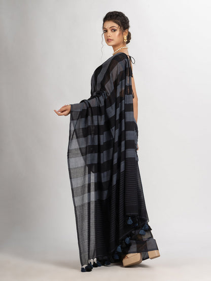 Women's Gray And Black Stipe Handwoven Cotton handloom Saree