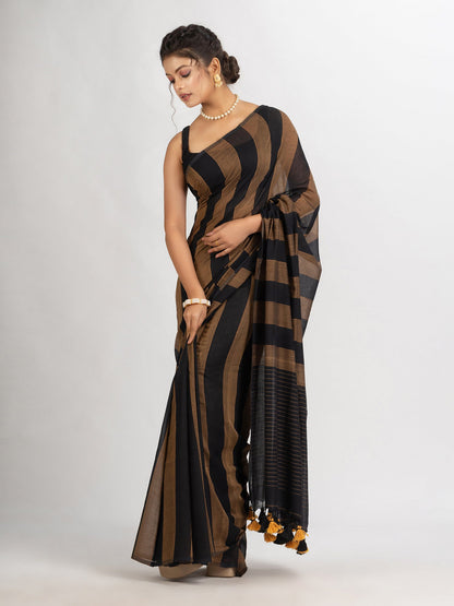 Women's Brown And Black Stipe Handwoven Cotton handloom Saree