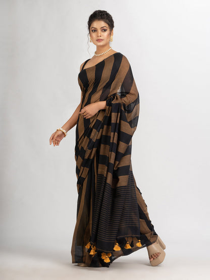 Women's Brown And Black Stipe Handwoven Cotton handloom Saree