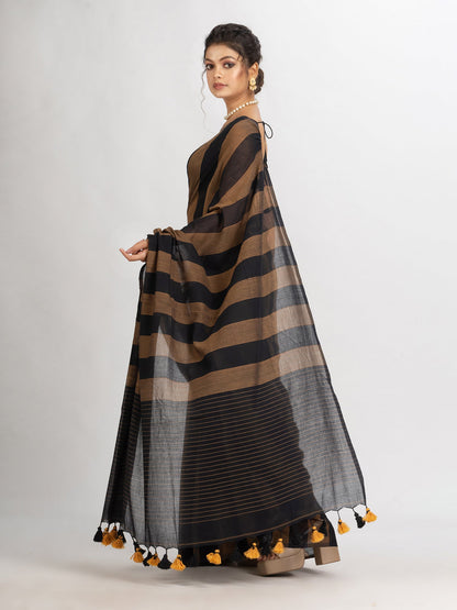 Women's Brown And Black Stipe Handwoven Cotton handloom Saree
