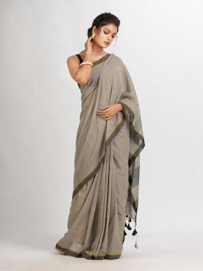 Women's Brown And Black Cotton Check Handloom Saree