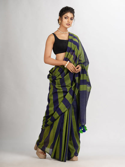 Women's Lemon And Blue Stipe Handwoven Cotton handloom Saree