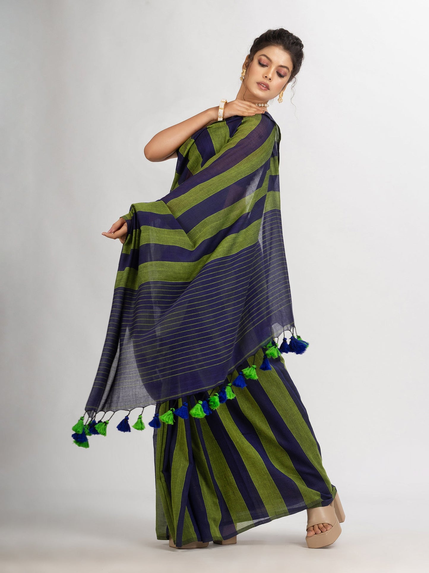 Women's Lemon And Blue Stipe Handwoven Cotton handloom Saree
