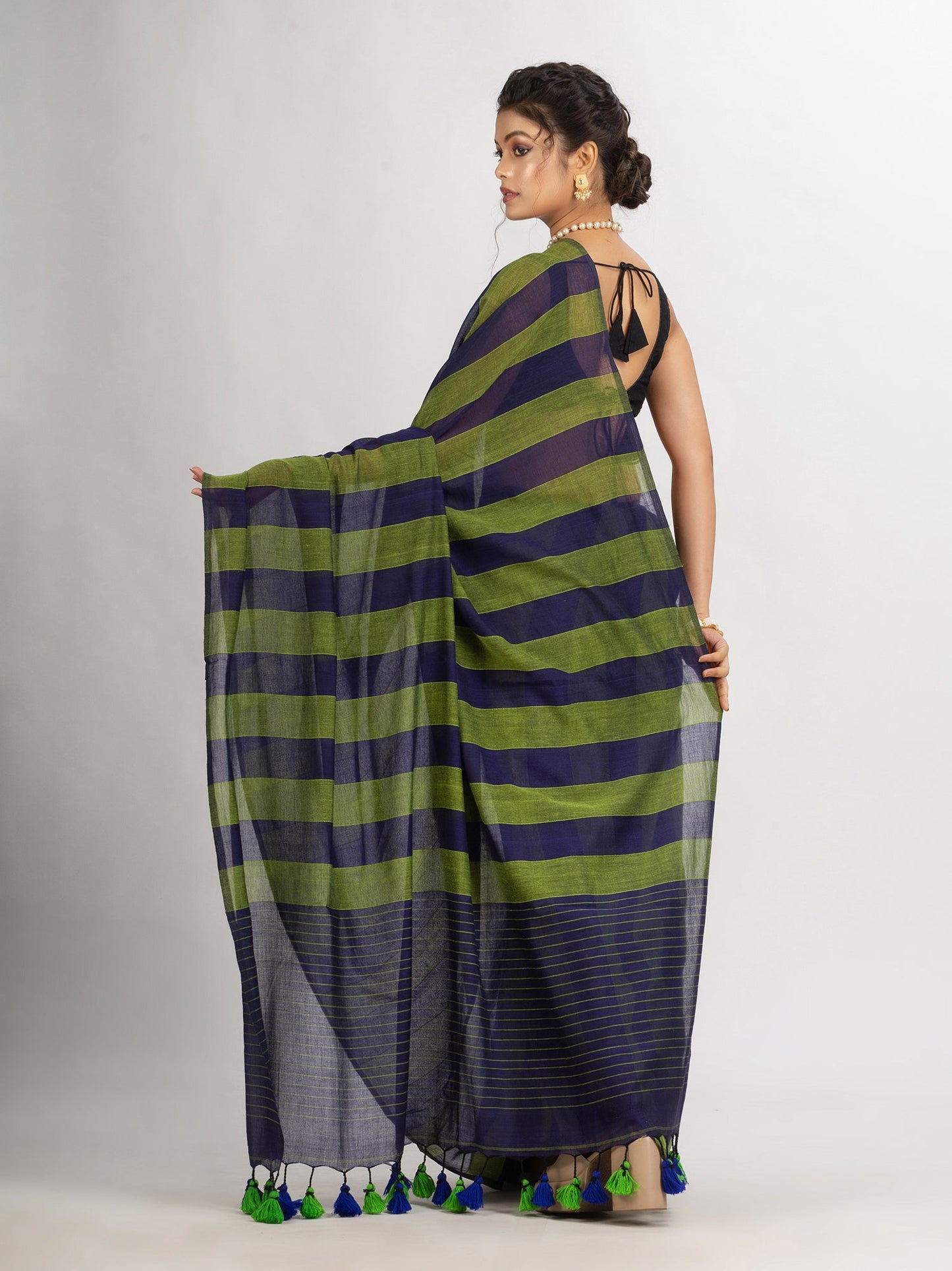 Women's Lemon And Blue Stipe Handwoven Cotton handloom Saree