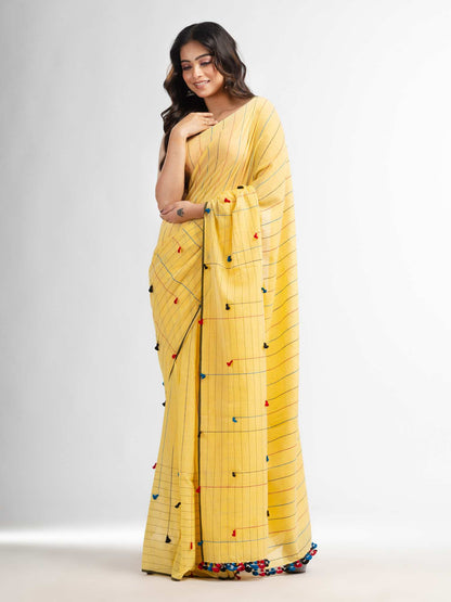 Women's Yellow cotton saree with multi colour thread weave and tassels