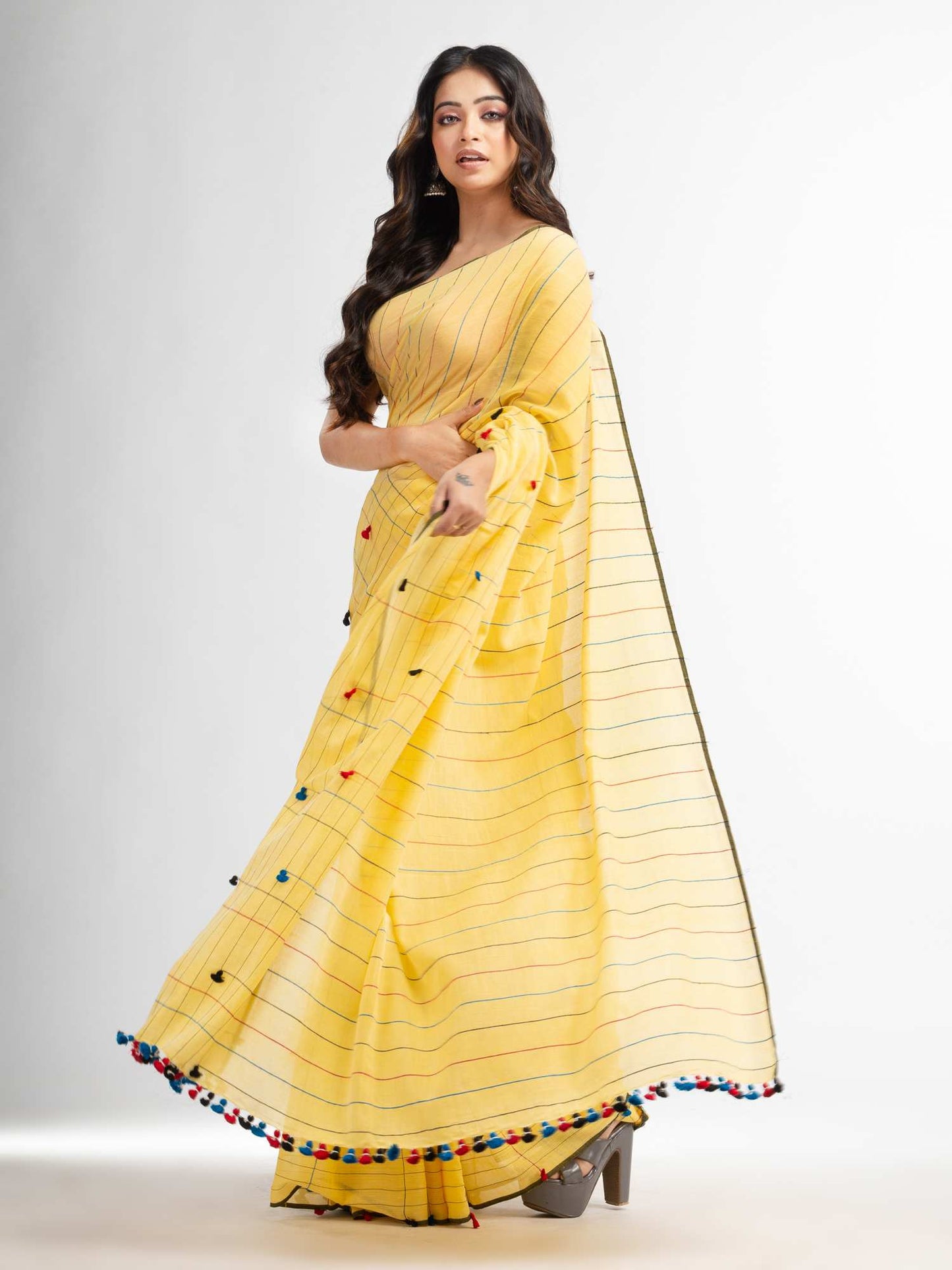Women's Yellow cotton saree with multi colour thread weave and tassels