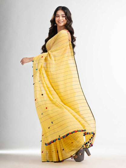 Women's Yellow cotton saree with multi colour thread weave and tassels