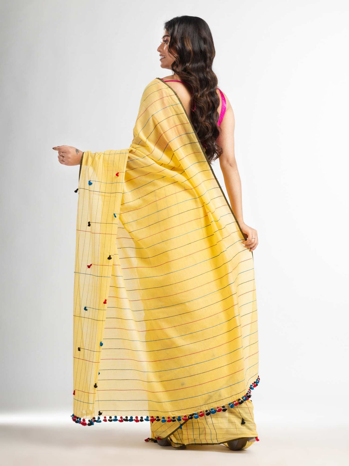 Women's Yellow cotton saree with multi colour thread weave and tassels
