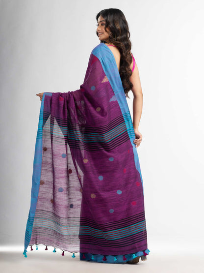 Women's Magenta all over ball Buti with Pallu in temple border handwoven saree