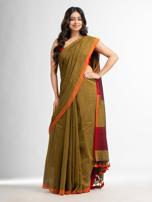 Women's Mastard moklin red border handwoven maslight saree