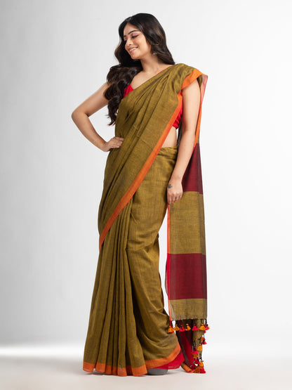 Women's Mastard moklin red border handwoven maslight saree