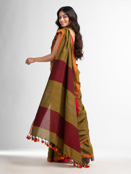 Women's Mastard moklin red border handwoven maslight saree