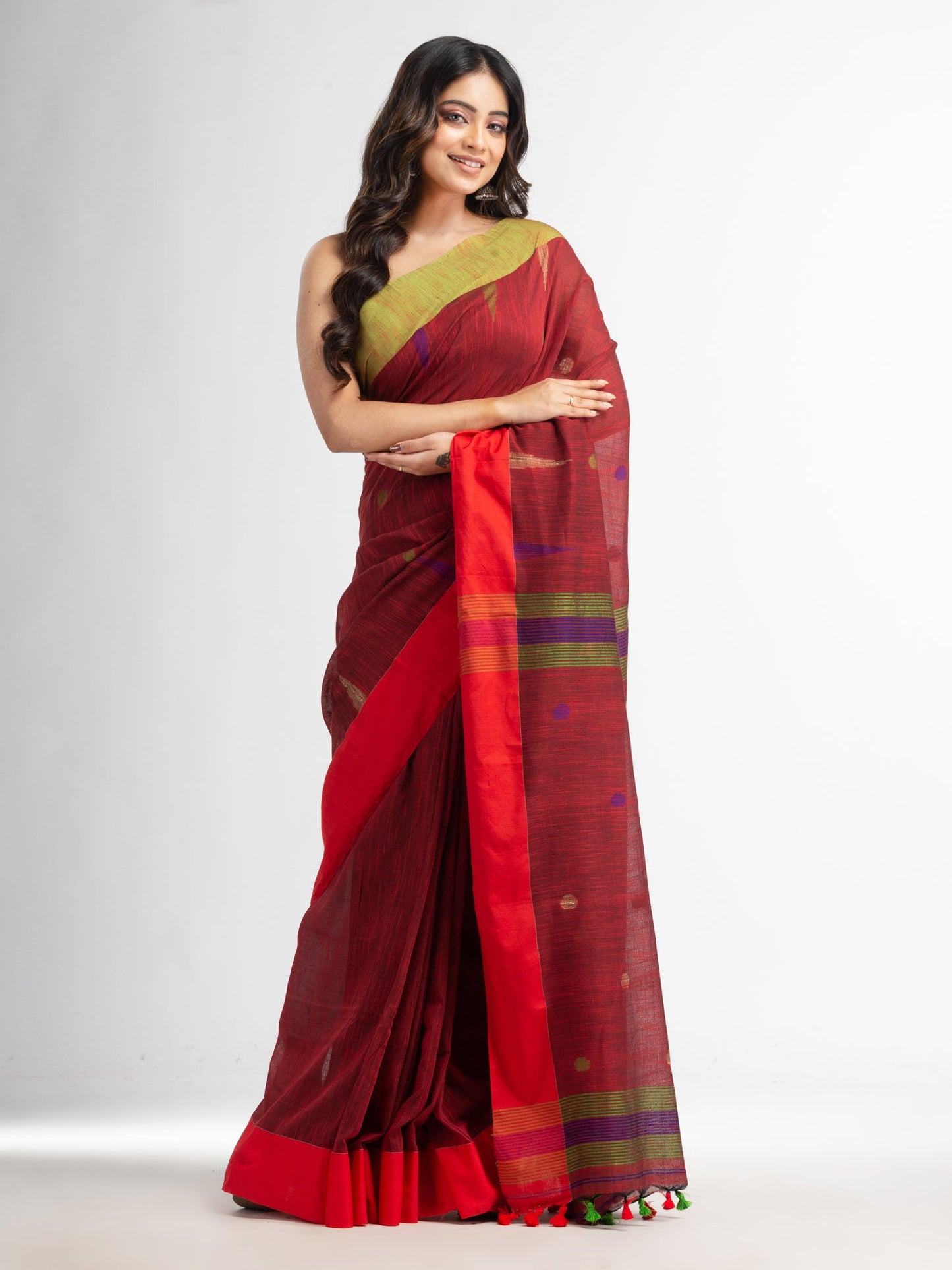 Women's Rust all over ball Buti with Pallu in temple border handwoven saree