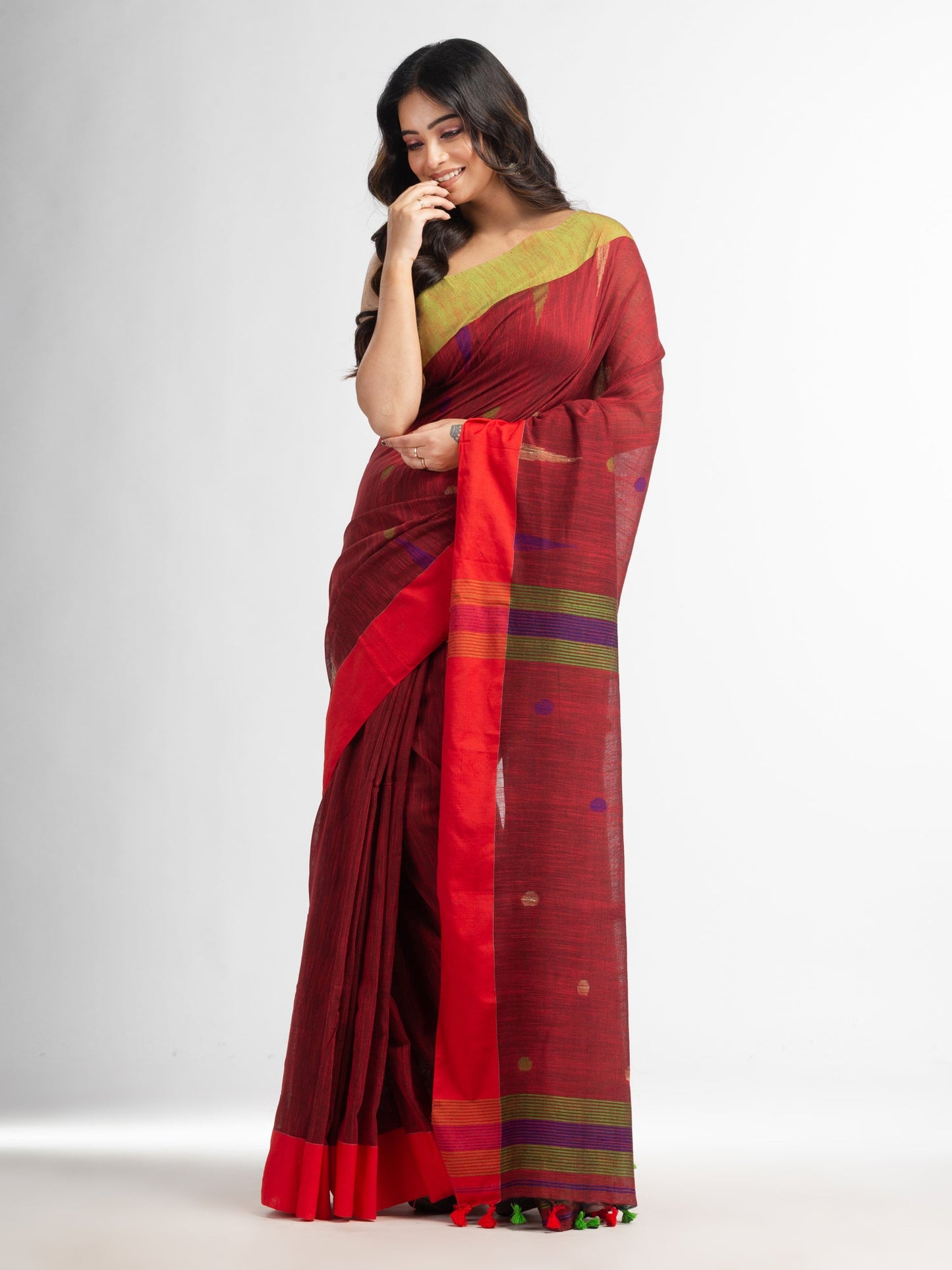 Women's Rust all over ball Buti with Pallu in temple border handwoven saree
