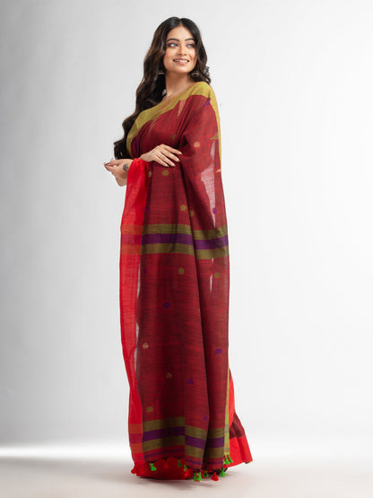 Women's Rust all over ball Buti with Pallu in temple border handwoven saree
