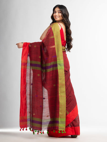 Women's Rust all over ball Buti with Pallu in temple border handwoven saree