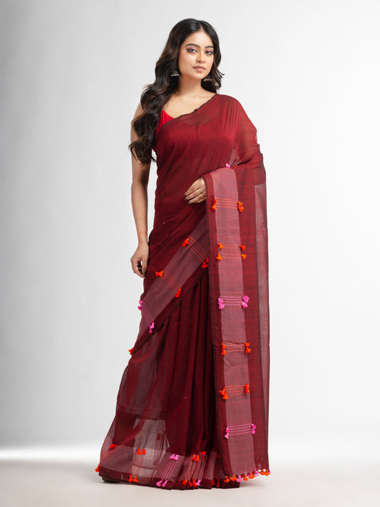 Women's Meroon cotton saree with multi colour thread weave and tassels