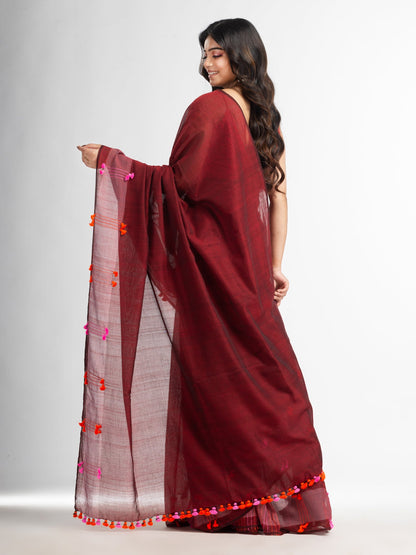 Women's Meroon cotton saree with multi colour thread weave and tassels