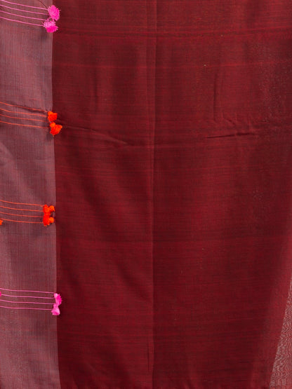 Women's Meroon cotton saree with multi colour thread weave and tassels