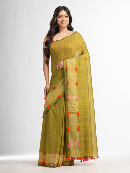 Women's Fern green cotton saree with multi colour thread weave and tassels