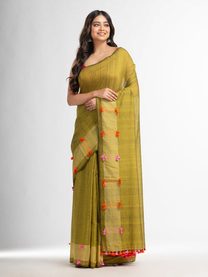 Women's Fern green cotton saree with multi colour thread weave and tassels