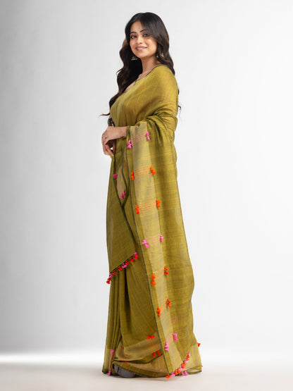 Women's Fern green cotton saree with multi colour thread weave and tassels