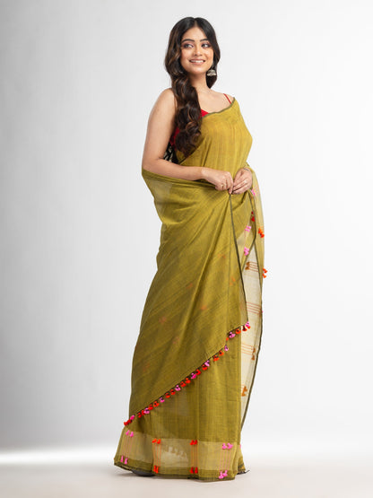 Women's Fern green cotton saree with multi colour thread weave and tassels