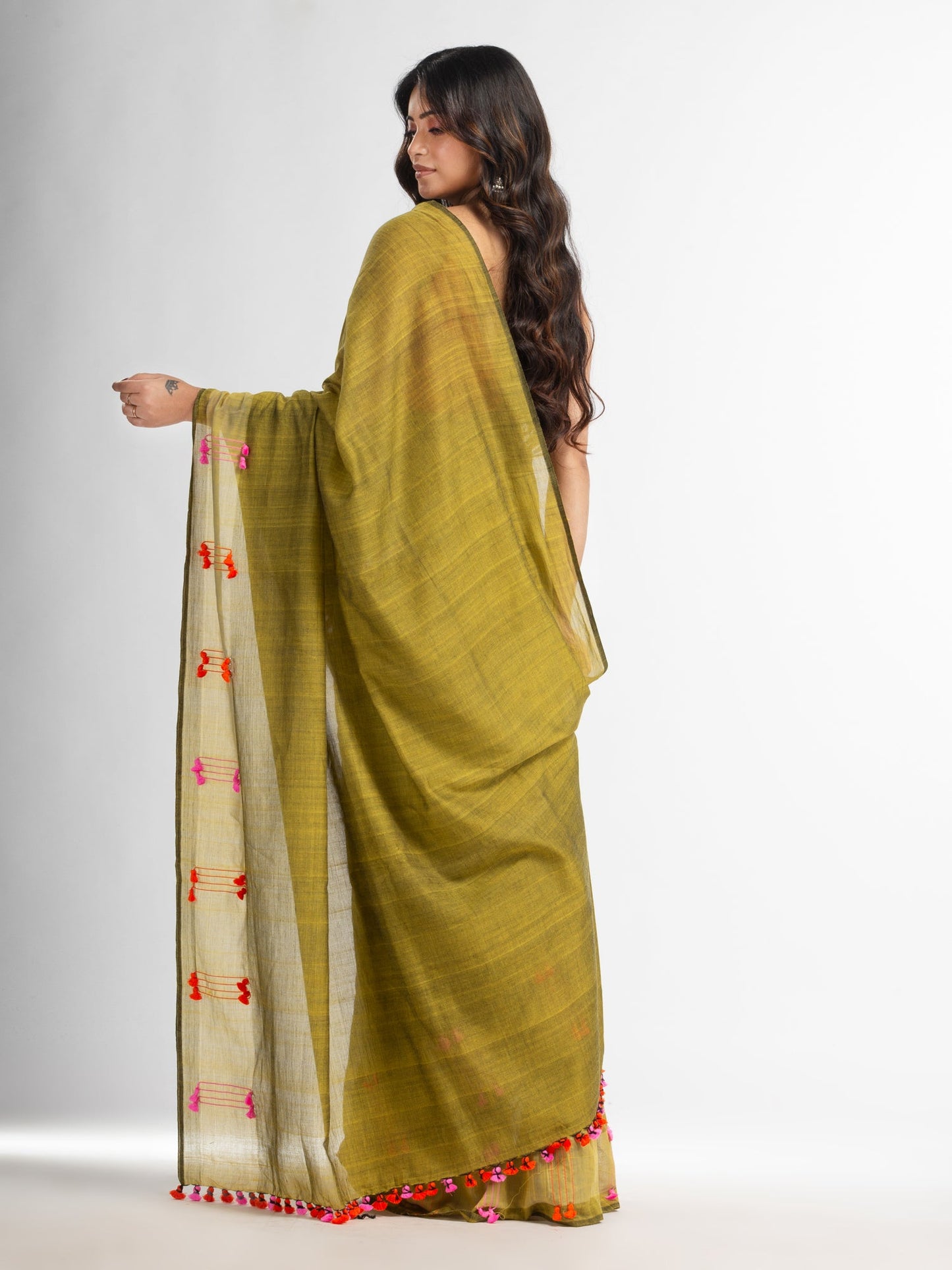 Women's Fern green cotton saree with multi colour thread weave and tassels
