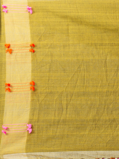 Women's Fern green cotton saree with multi colour thread weave and tassels