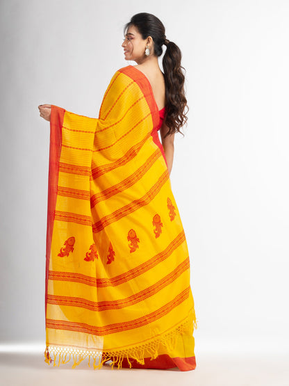 Women's Yellow all body small fish design with fish design pallu in solid border handwoven cotton saree
