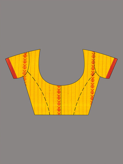 Women's Yellow all body small fish design with fish design pallu in solid border handwoven cotton saree