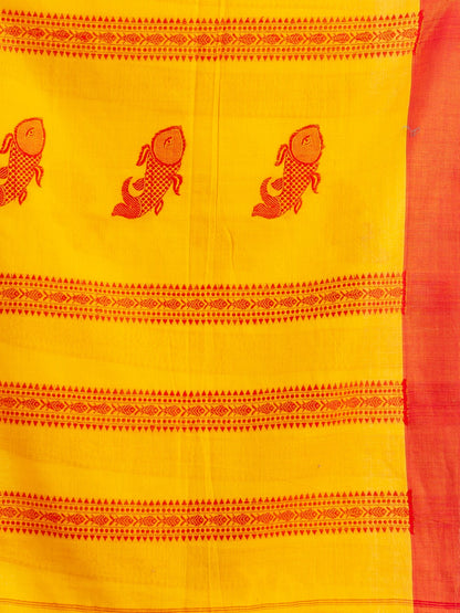 Women's Yellow all body small fish design with fish design pallu in solid border handwoven cotton saree