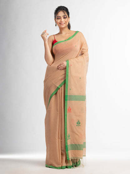 Women's Biscuit all body buti with buti in green border handwoven cotton saree