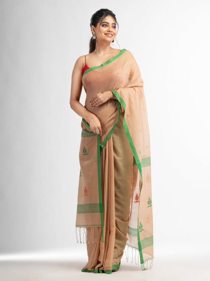 Women's Biscuit all body buti with buti in green border handwoven cotton saree
