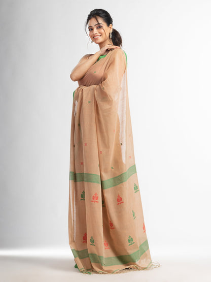 Women's Biscuit all body buti with buti in green border handwoven cotton saree
