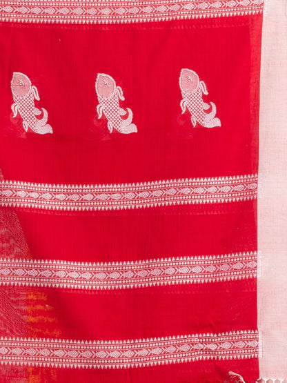 Women's Red all body small fish design with fish design pallu in solid border handwoven cotton saree
