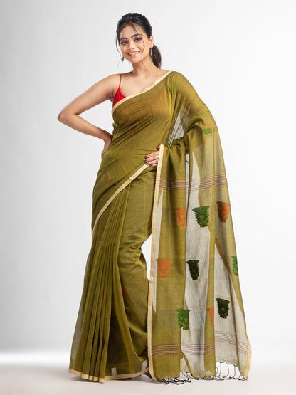 Women's Fern Green all body buti with buti in silver border handwoven cotton saree
