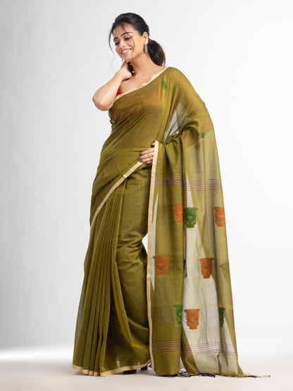 Women's Fern Green all body buti with buti in silver border handwoven cotton saree