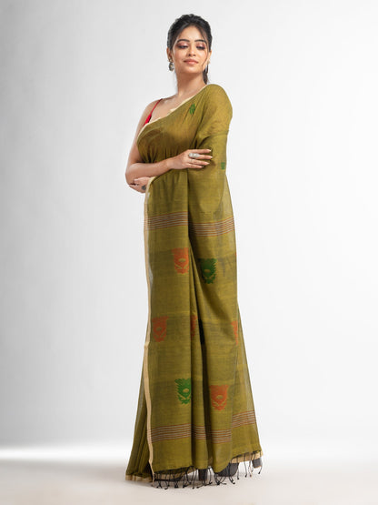 Women's Fern Green all body buti with buti in silver border handwoven cotton saree