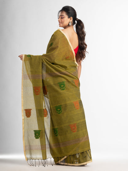 Women's Fern Green all body buti with buti in silver border handwoven cotton saree