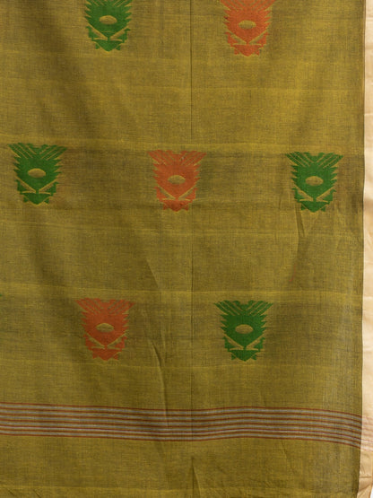 Women's Fern Green all body buti with buti in silver border handwoven cotton saree