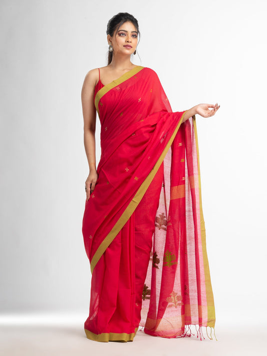 Women's Red Green all body buti with buti in green border handwoven cotton saree