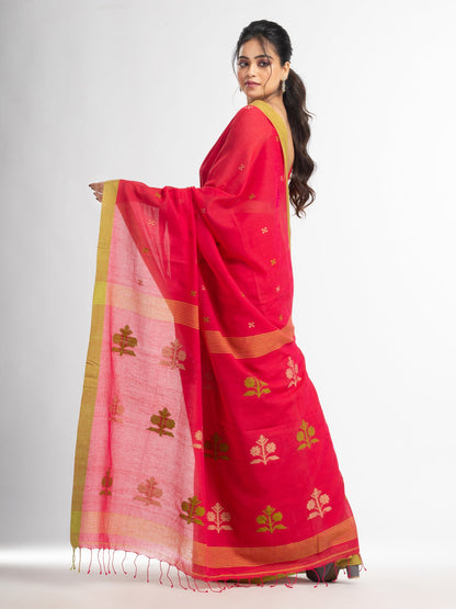 Women's Red Green all body buti with buti in green border handwoven cotton saree