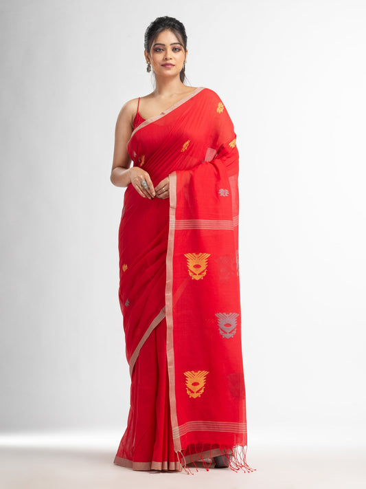 Women's Fern Green all body buti with buti in silver border handwoven cotton saree
