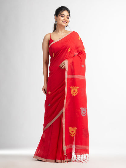 Women's Fern Green all body buti with buti in silver border handwoven cotton saree